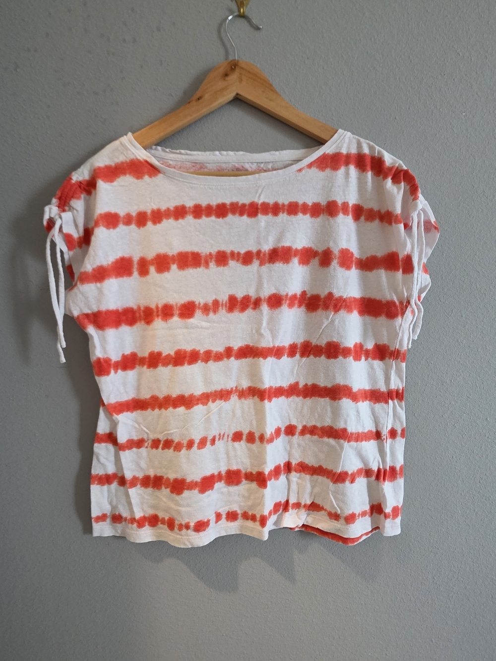 Talbots White and Coral Striped Short-Sleeve Tie Detail Top